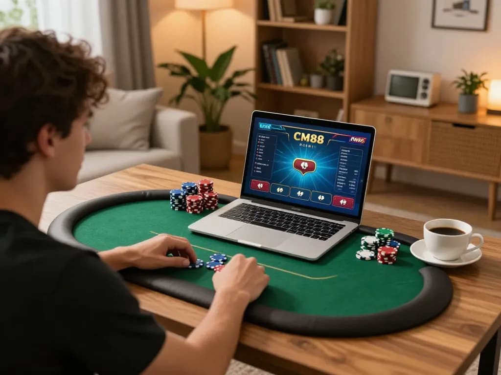 Player enjoying online poker at home on CM88 platform with laptop and poker chips