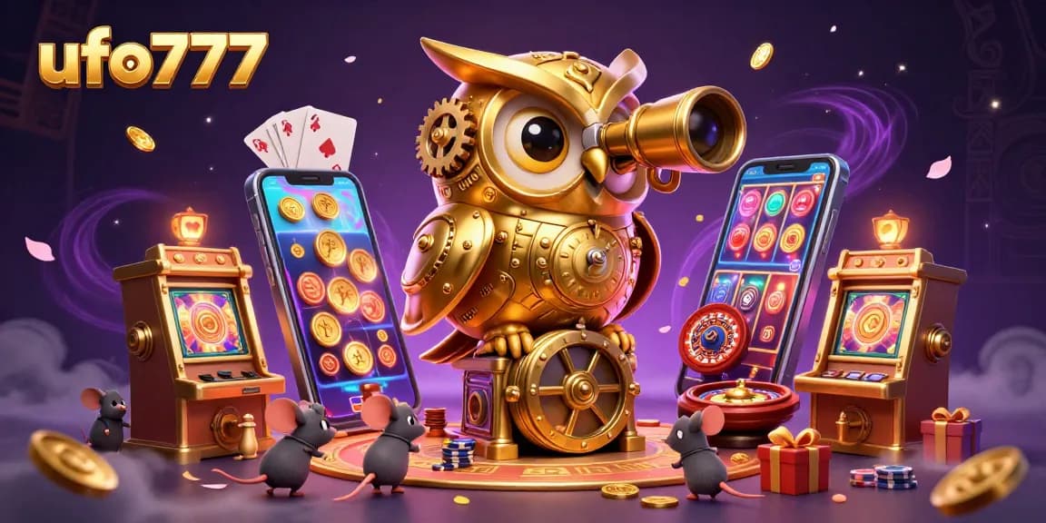 Play vibrant slot games with ufo777, featuring a dynamic scene of characters in a rich casino setting.