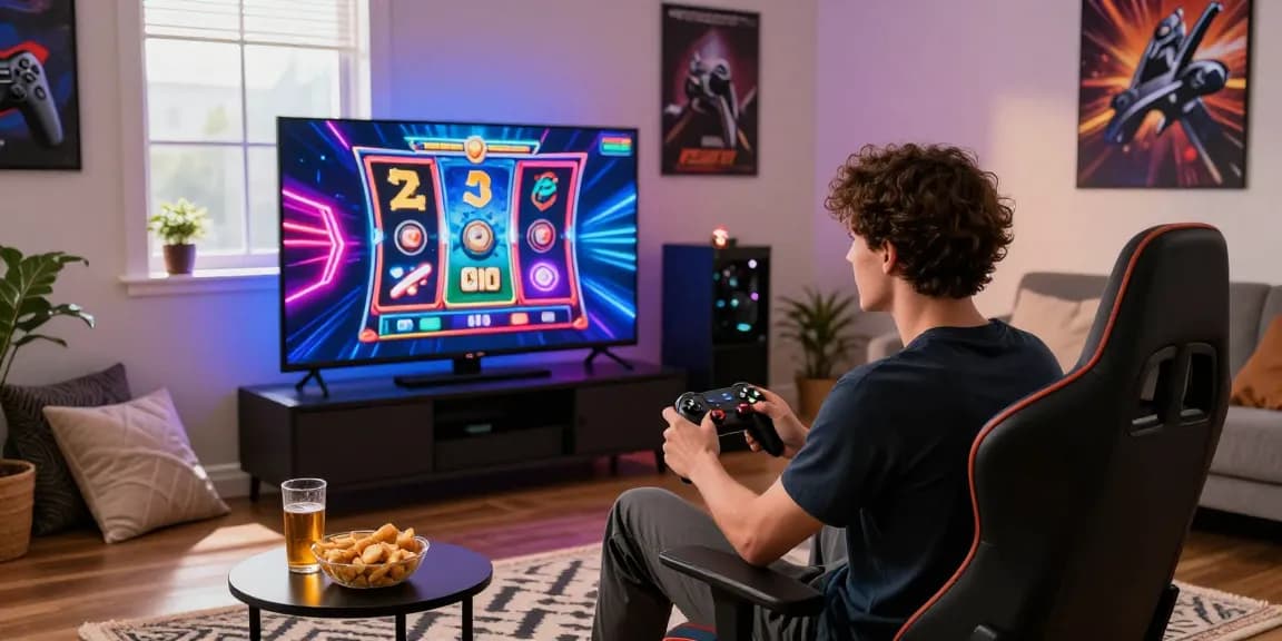 Engaged gamer enjoying vibrant slot7000 gameplay on a modern gaming console.