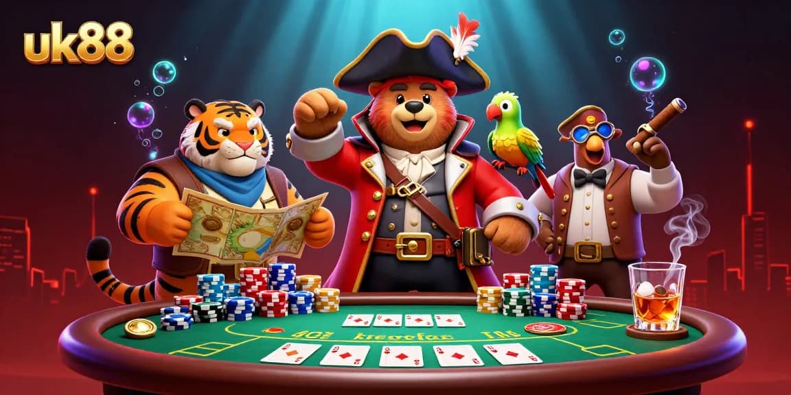 uk88 players strategize at a colorful, action-packed poker table in a vibrant casino scene