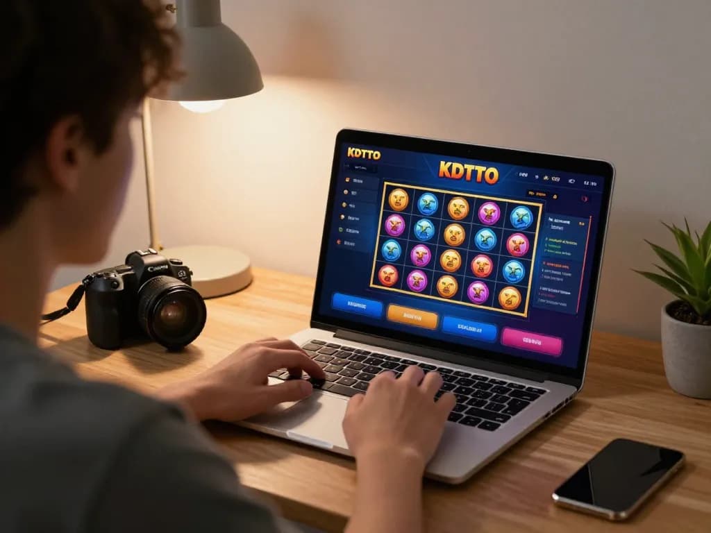 KDTOTO online gaming session displaying colorful slots and betting options in a stylish home setup.