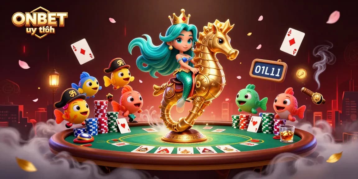 Engage with ONBET uy tín through captivating casino adventures featuring a cartoon mermaid and seahorse.
