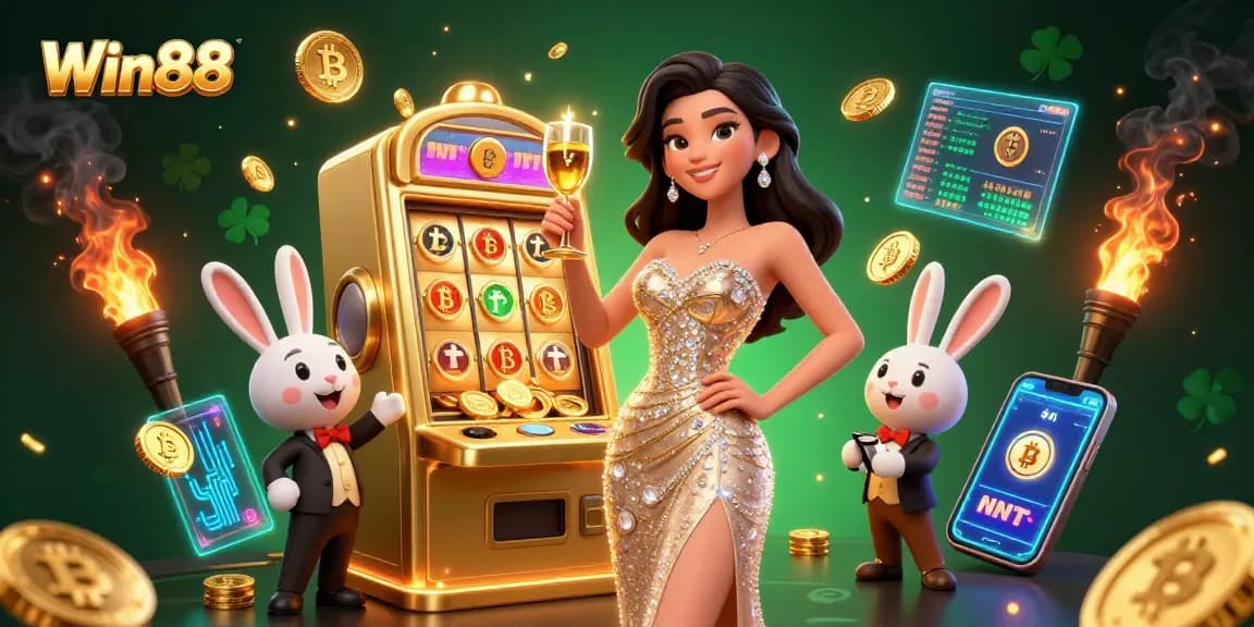 Win88 players enjoying the excitement of winning with a 3D jackpot slot machine illustration.