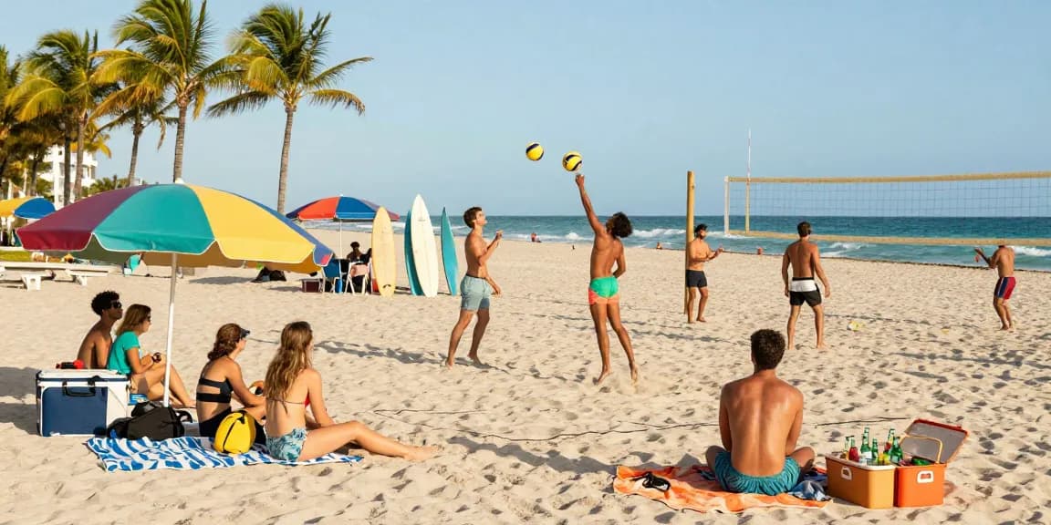 Miami4D berteman menikmati hari di pantai Miami dengan permainan, minuman, dan suasana ceria.