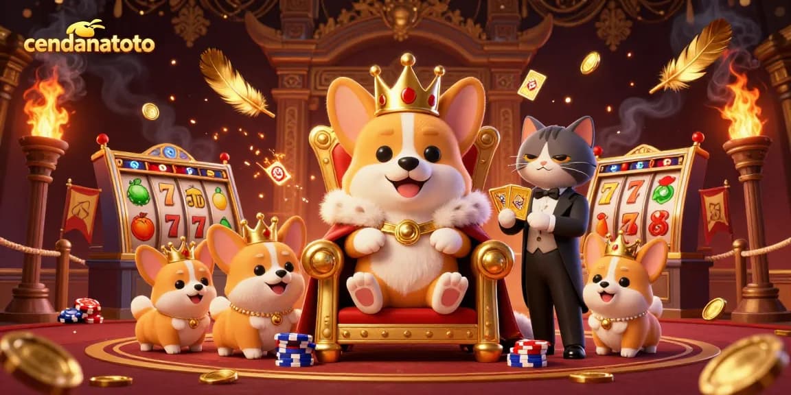 Experience thrilling gameplay with cendanatoto's enchanted royal corgi in a vibrant casino scene.