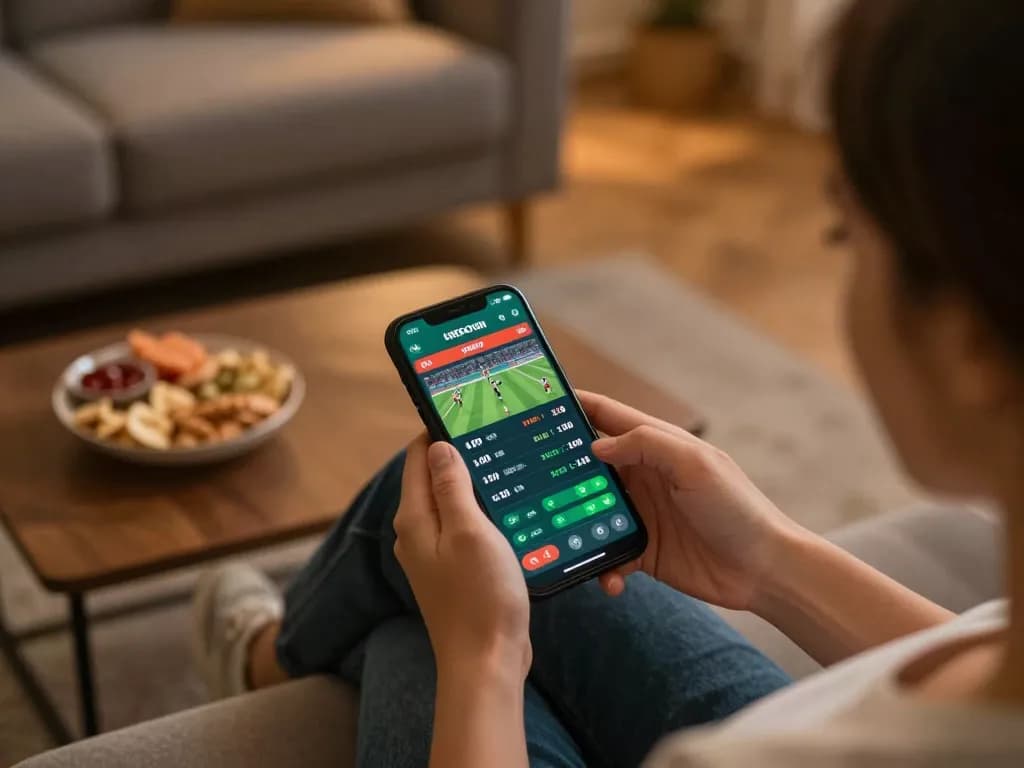 Engaging sports betting experience on RR88 via smartphone at home, vibrant atmosphere with live odds.
