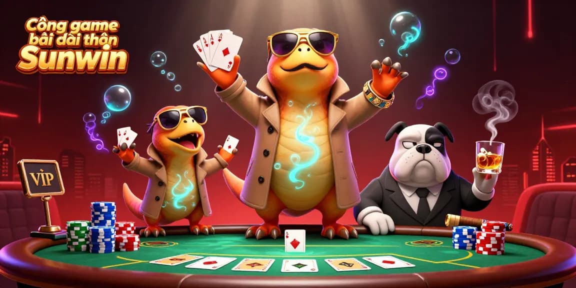 Cổng game bài đổi thưởng Sunwin illustration featuring cartoon raptors attempting VIP access in a dynamic casino scene