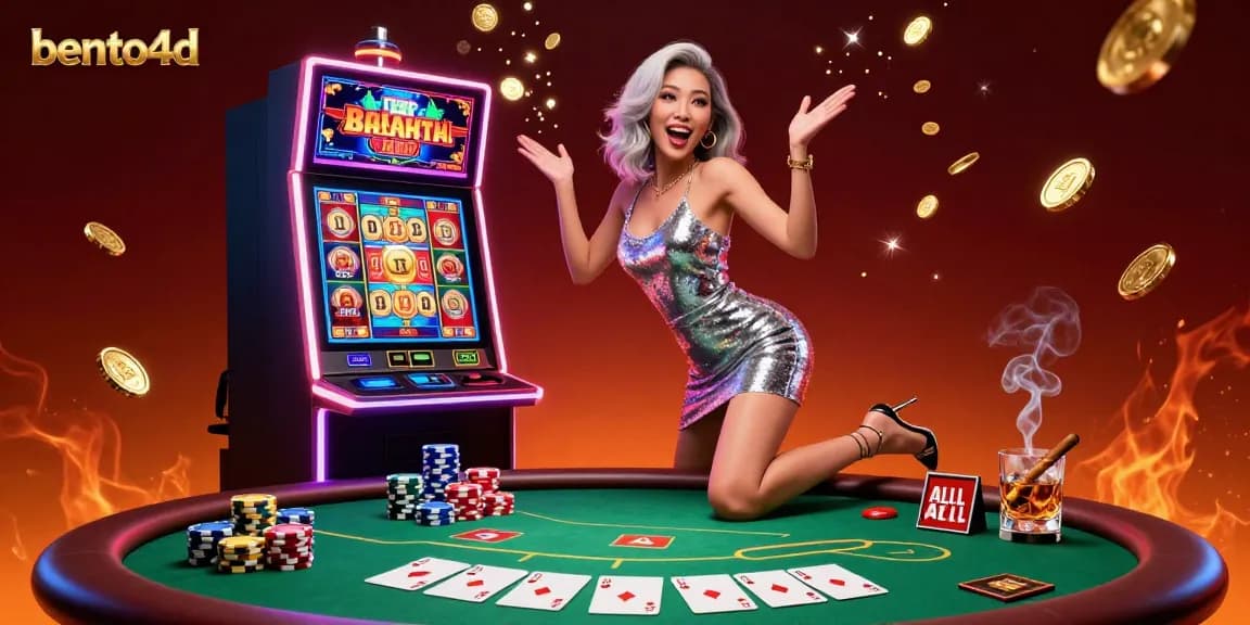 Bento4d menawarkan suasana jackpot yang menarik dengan visual kasino yang cerah dan pemain yang menakjubkan merayakan kemenangan.