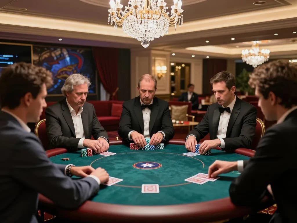 Neng4D Slot players engaged in strategy discussion at private table in a luxurious casino atmosphere