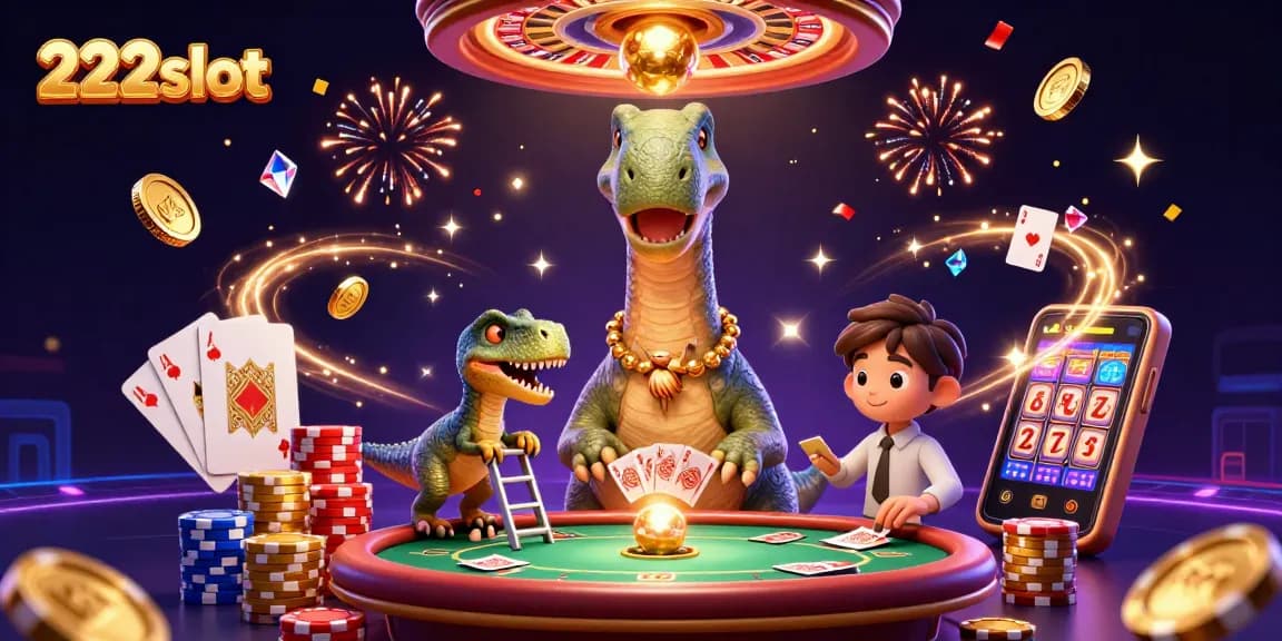 Menangkan permainan slot di 222slot dengan ilustrasi pemenang penuh warna dan keseruan kasino.