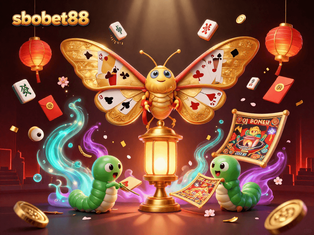 Engage in thrilling betting with sbobet88 featuring a majestic atlas moth surrounded by casino elements.
