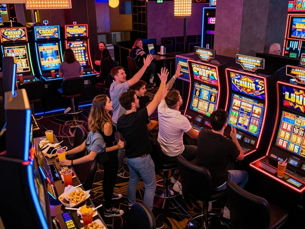 LGOSUPER players celebrating a win at exciting slot machines in a vibrant casino