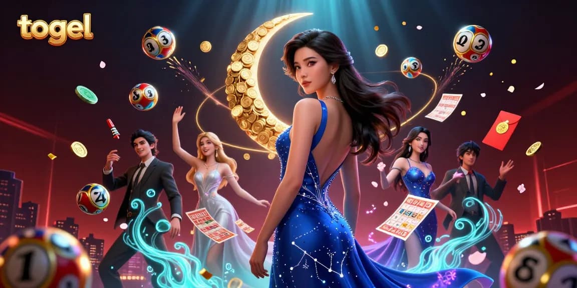 Engage with the dynamic togel lottery game scene, featuring vibrant 3D elements and a stylish Asian woman.