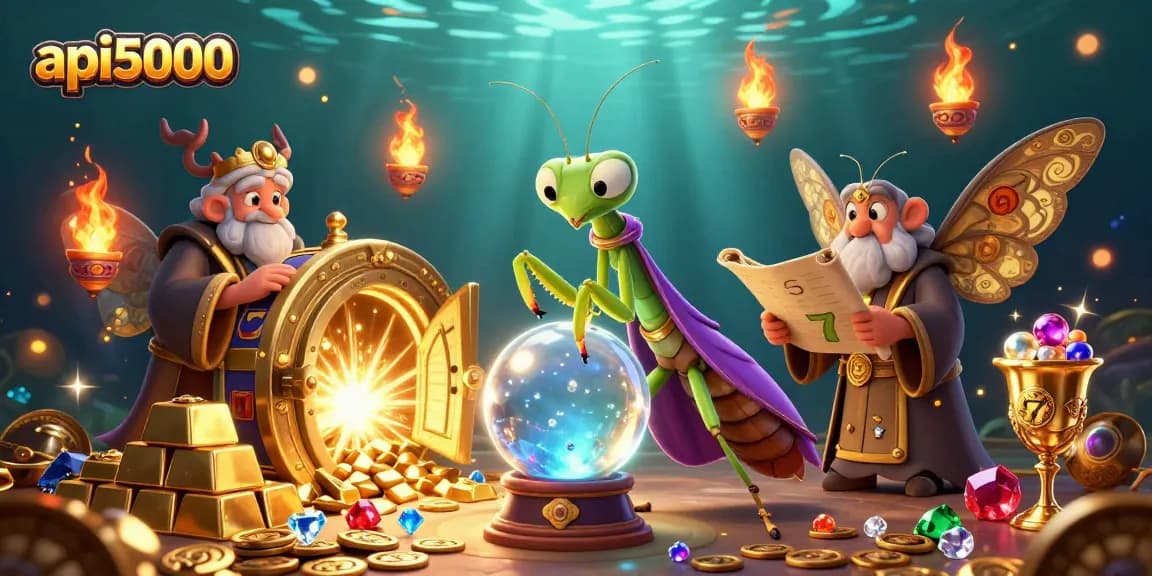 Menangkan jackpot dengan api5000 dalam ilustrasi kasino penuh warna dan kisah mistis.