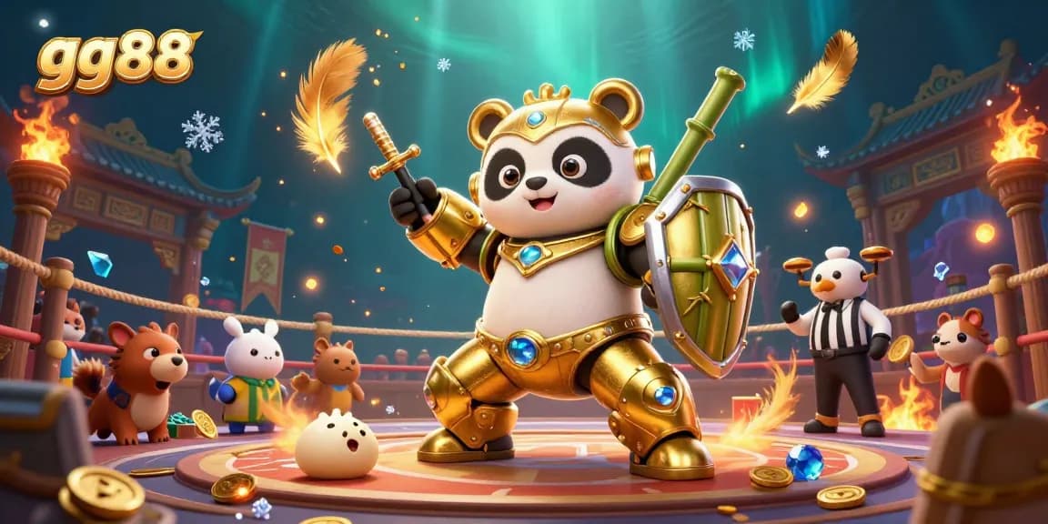 Join the excitement at gg88 casino with a golden panda in a dynamic animated gambling arena, showcasing vibrant game elements.
