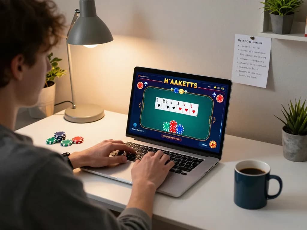 nk88 user engaging in online gambling with cards and chips displayed on laptop screen