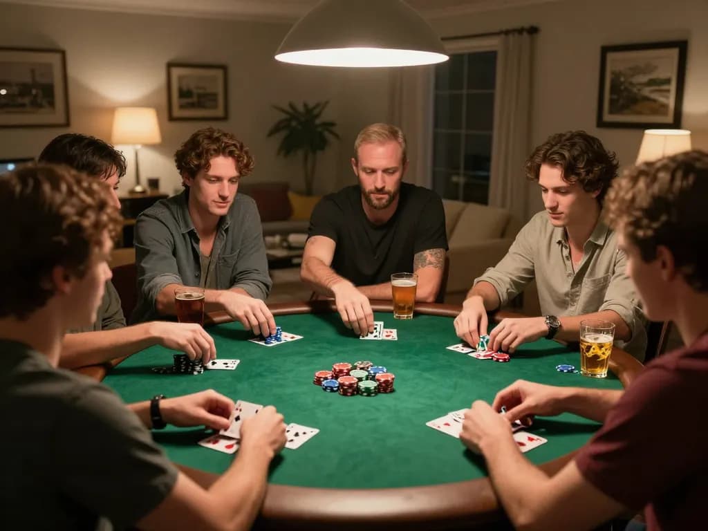Maxpoker88 friendly home poker night with players focusing on their hands and chips