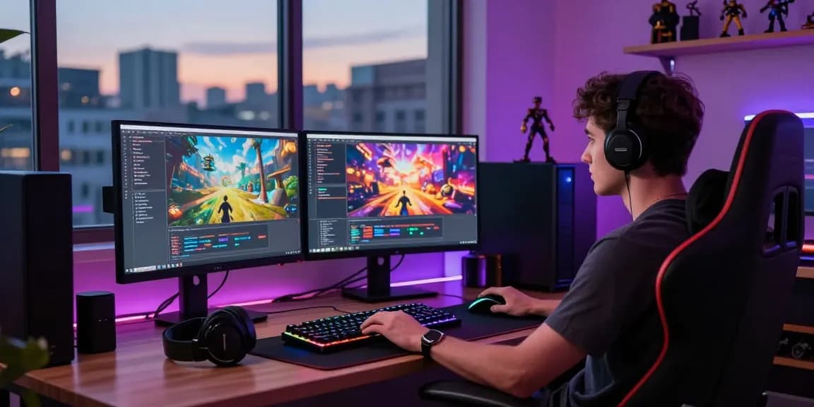 Ruang kerja kreatif untuk pengembang game dengan tampilan grafik dan kode, halte4d.