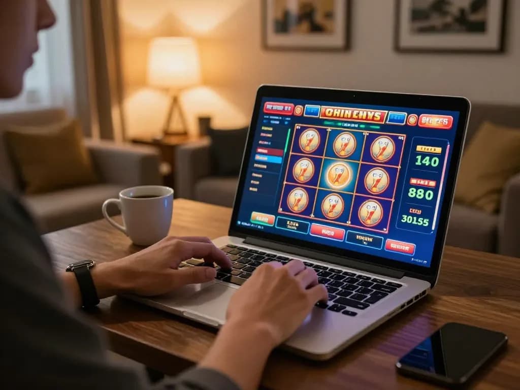 Engage in online gaming excitement by ordering online through an interactive casino interface on a laptop.