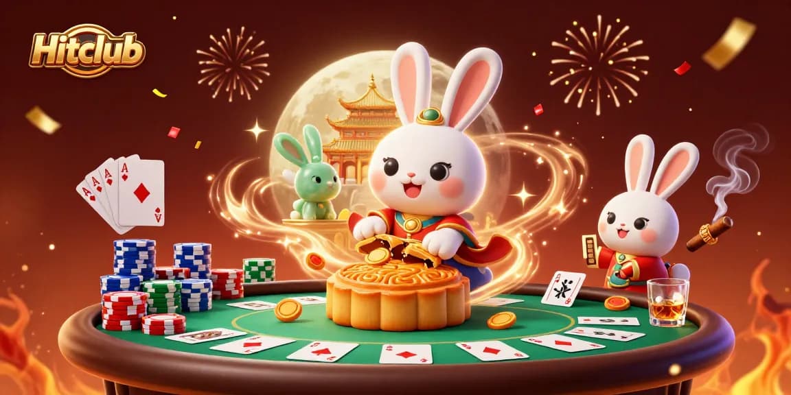 Hitclub offers thrilling poker action with a vibrant 3D scene showcasing a moon rabbit and casino elements.
