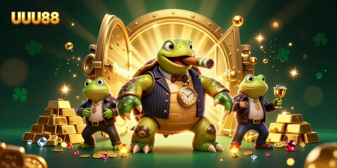 Betting at UUU88 with a whimsical turtle and bullfrogs in a vibrant casino scene.