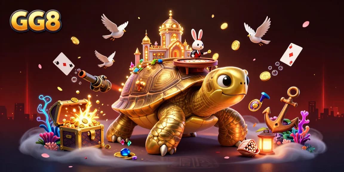 GG8 gaming scene with a golden tortoise casino and card dealer in a vibrant underwater adventure.
