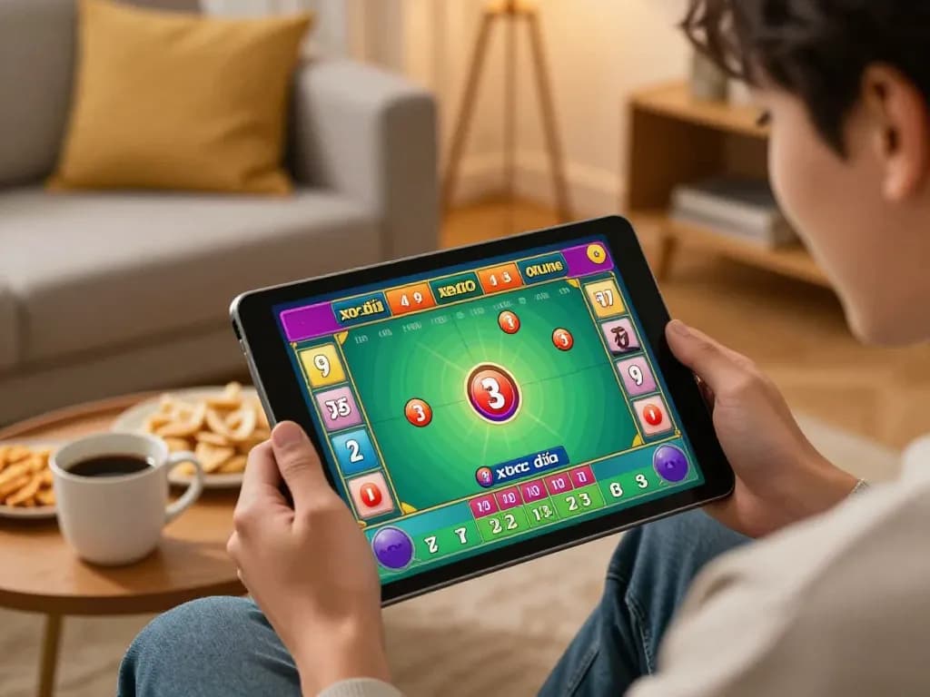Xóc đĩa online gameplay displayed on a tablet, highlighting betting options in an engaging home setting.