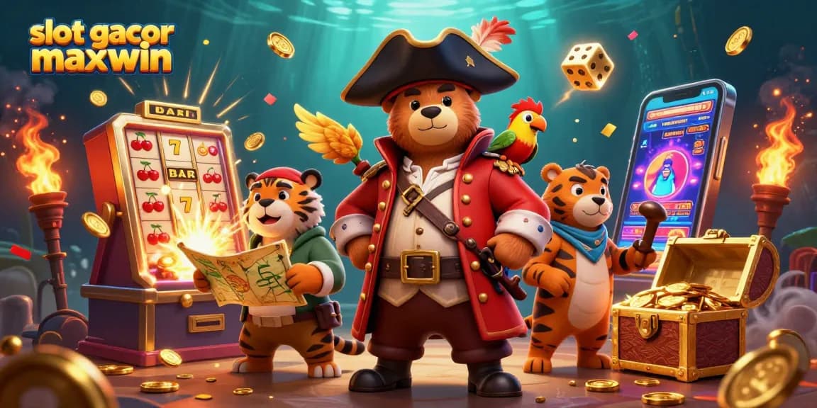 Experience the thrill of slot gacor maxwin with a captivating 3D scene of a pirate bear, tiger, and a parrot amidst vibrant casino elements.