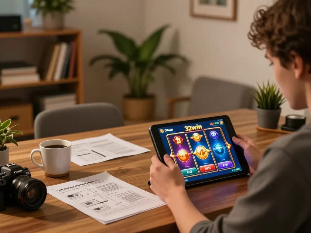 Engaging with 32win slots on a tablet during a cozy evening gaming session.