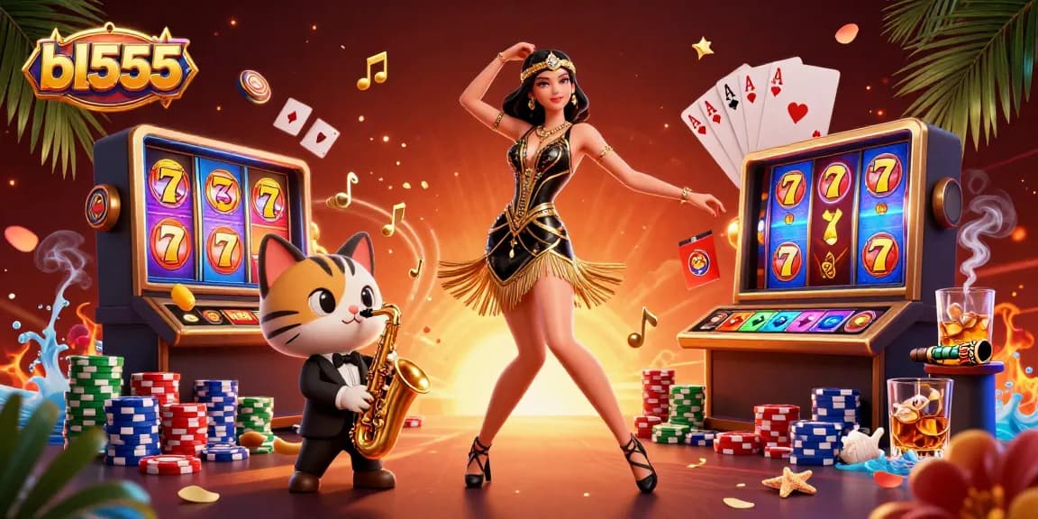 Experience thrilling gaming with bl555 featuring vibrant slot reels, dancing characters, and rich casino elements.