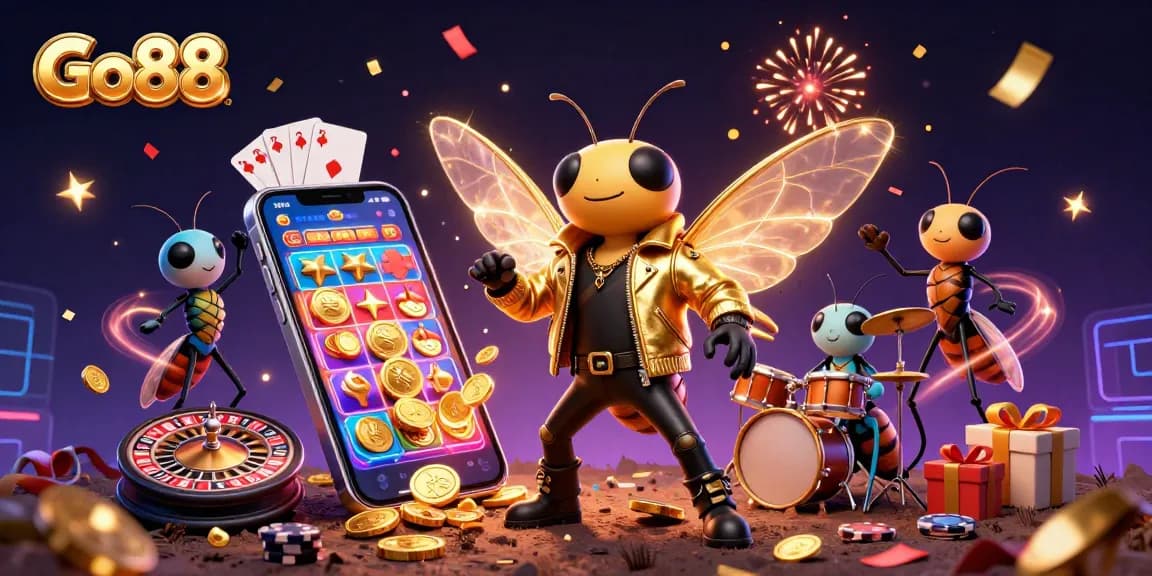 Join the festive fun at Go88 with rock star characters celebrating vibrant casino themes!