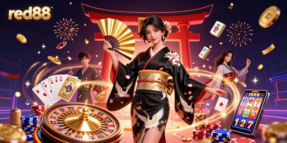 Engage with red88's high-energy casino atmosphere featuring an elegant Asian woman surrounded by gambling elements and celebratory confetti.