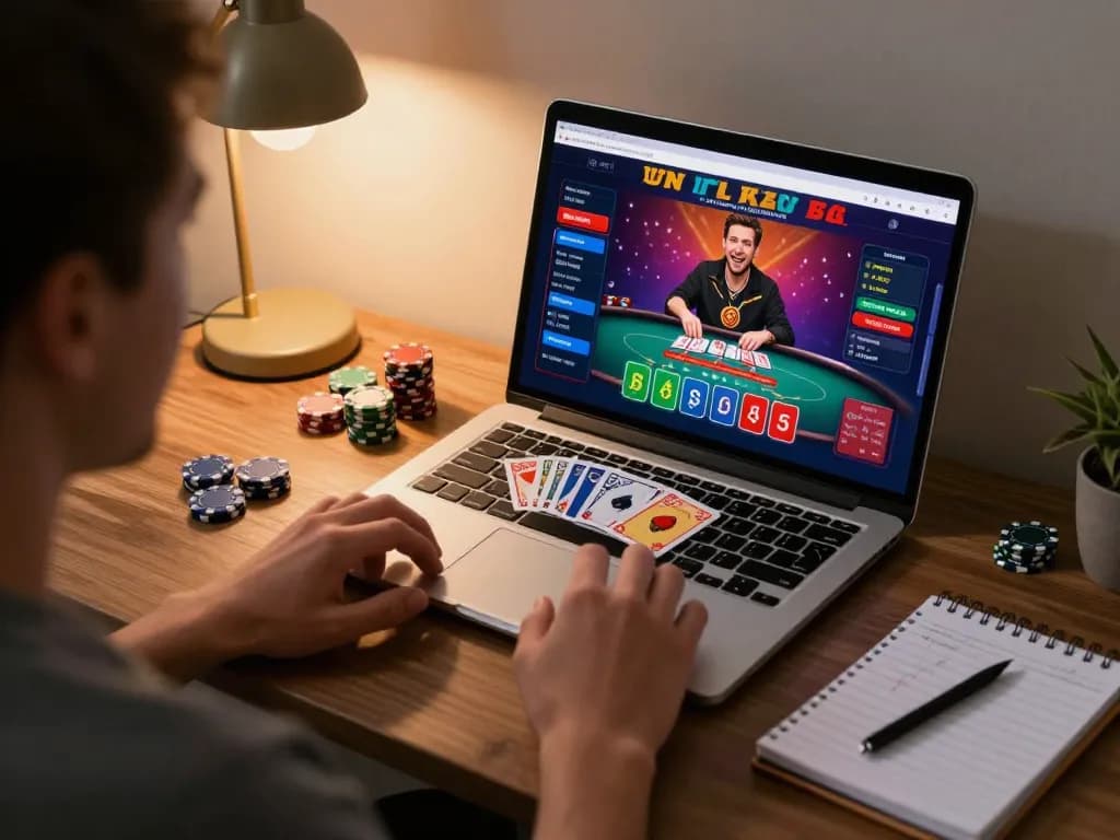 Player enjoying a high-stakes poker game on MM88, with cards and chips visible in a warm home setting.