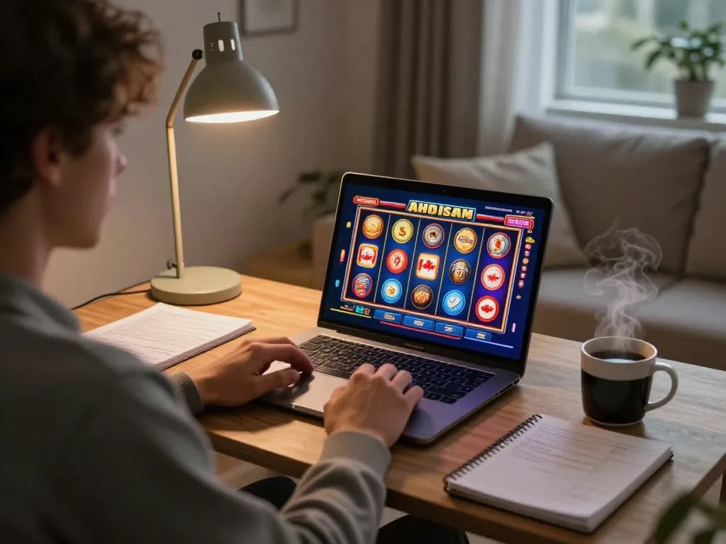 Playing slots on a laptop at home, showcasing Canada online casinos with vibrant graphics and strategic notes.