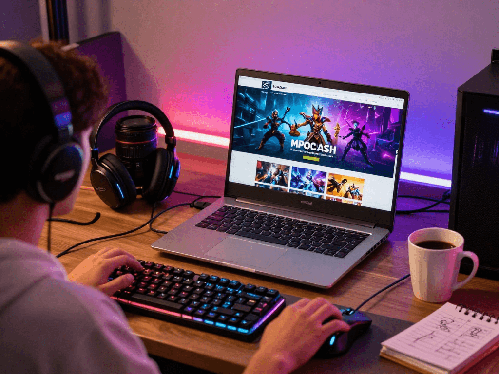 Engaging MPOCASH gaming environment with dynamic visuals and accessories.
