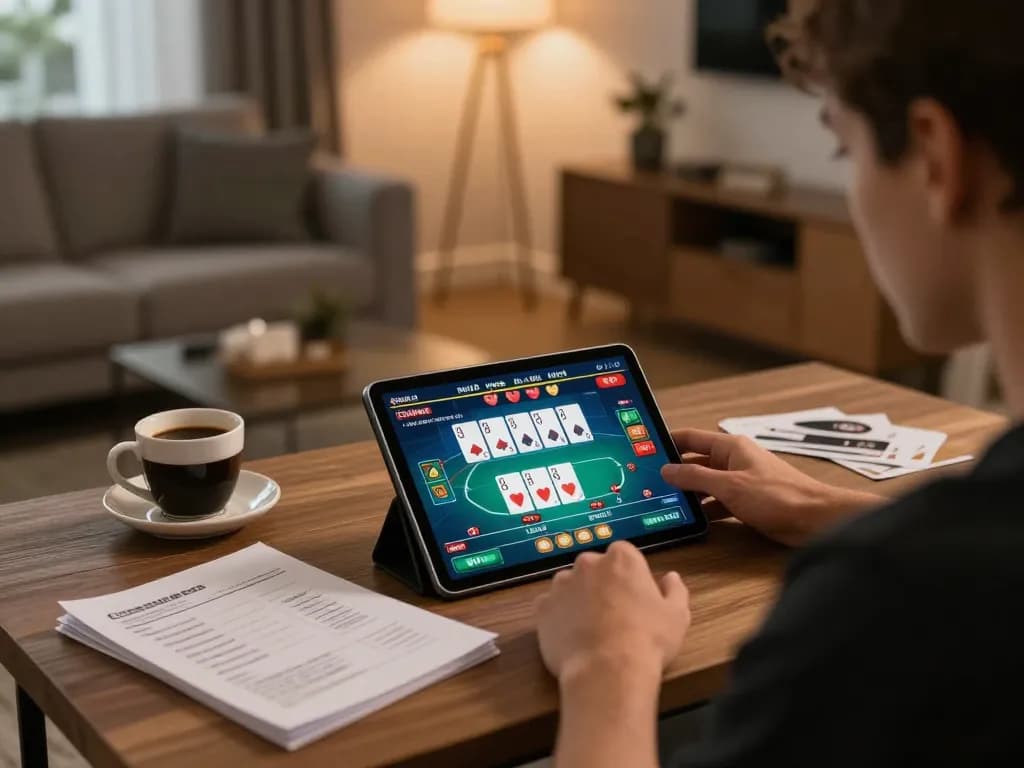 Engaging in an online poker game at home, using a tablet with the interface visible, showcasing 100vip co gaming.
