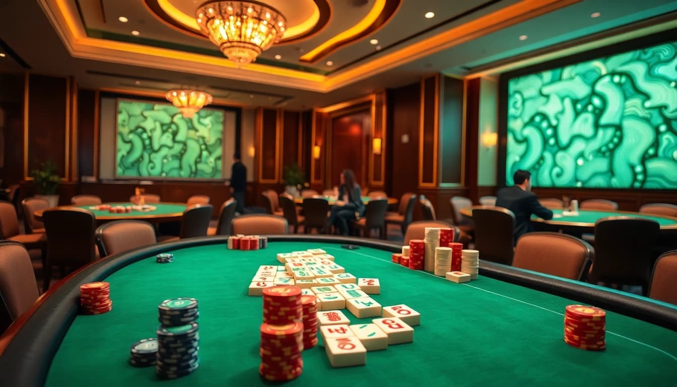 Mahongtoto menyajikan meja kasino dengan ubin mahjong dan chip warna-warni di ruang permainan yang elegan.