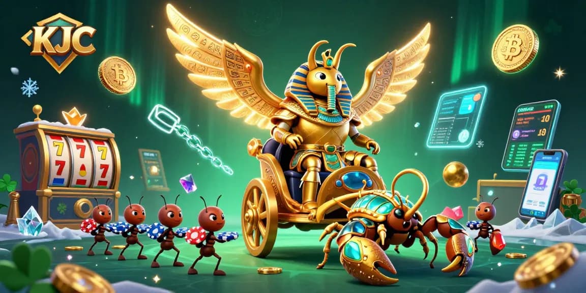 KJC engages players with an exciting 3D casino world, showcasing vibrant elements with golden scarabs and jackpot details.