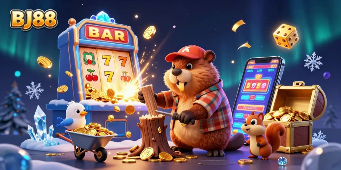 Discover the energetic BJ88 casino world with cartoon characters celebrating jackpots and coins!