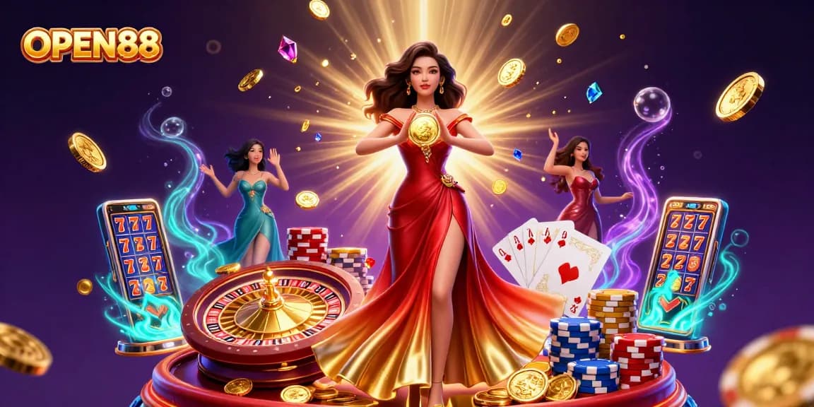 Experience the thrill of OPEN88 as a stunning Asian woman embraces the ultimate gaming moment surrounded by shimmering coins and casino elements.