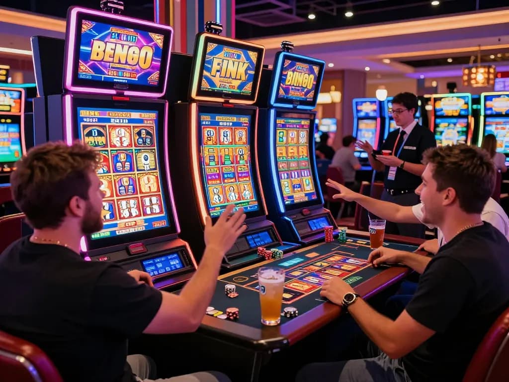 Adegan kasino yang menarik menyoroti pemain yang terlibat dengan link slot di tengah cahaya yang cerah dan atmosfer permainan yang dinamis.