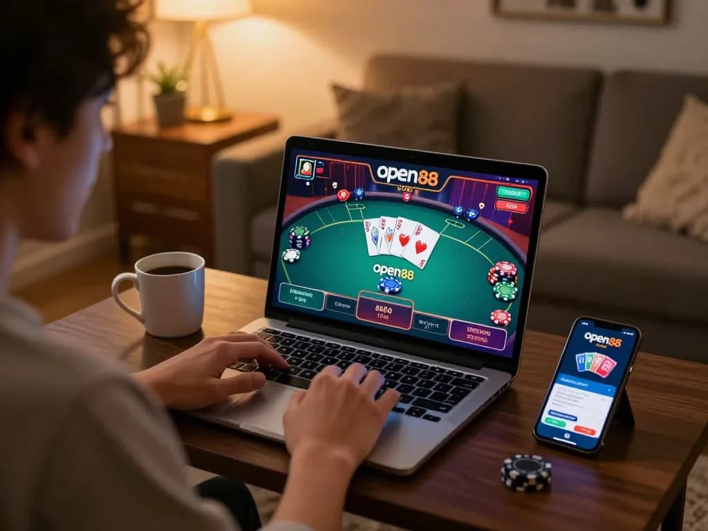 Engaging in online poker at open88 com, with vivid gameplay displayed on a laptop in a cozy home setting.