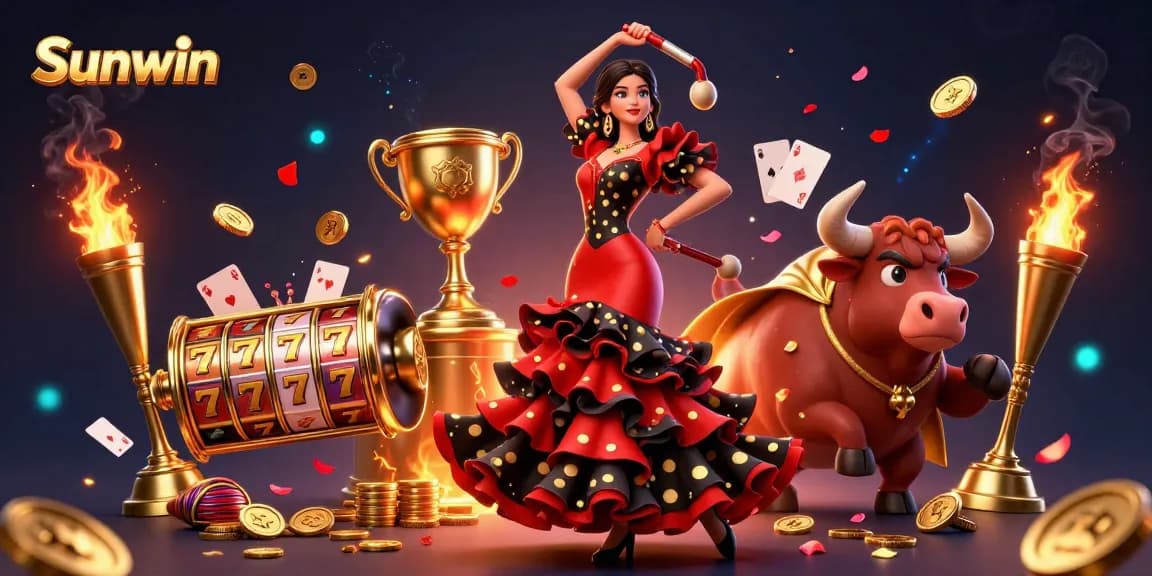 Sunwin showcases thrilling casino excitement with a flamenco dancer and a cartoon bull amidst vibrant game elements.