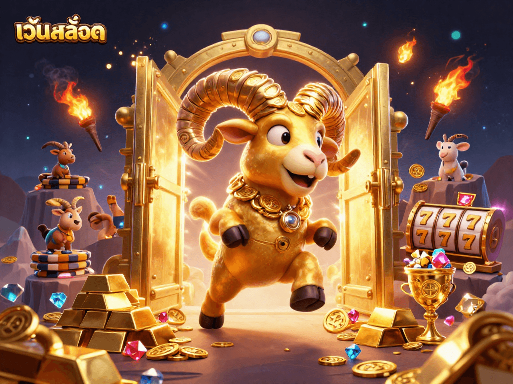 Spin the reels on เว็บสล็อต with golden ram charging towards jackpot treasures amidst a dazzling display of coins.