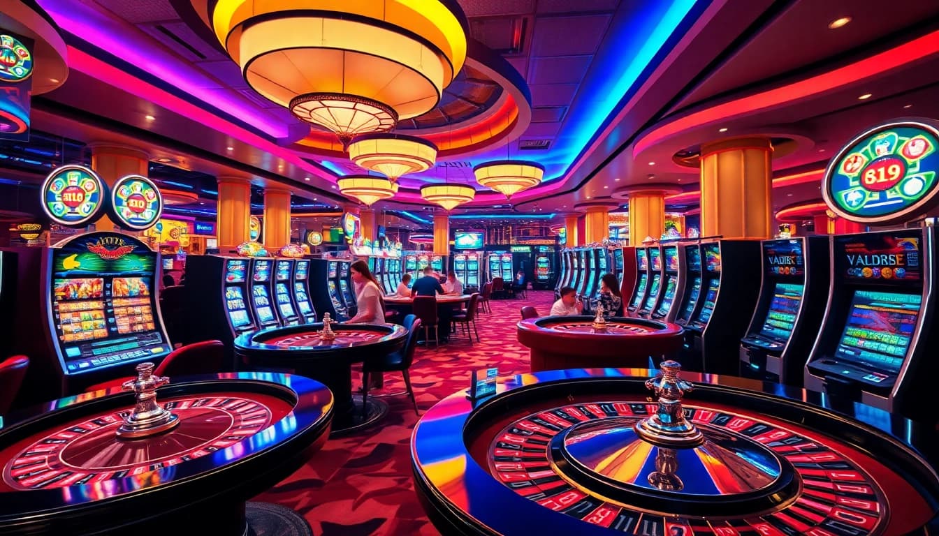 Aktivitas bermain di kasino bbni4d yang ramai dengan meja roulette dan mesin slot yang berkilau.