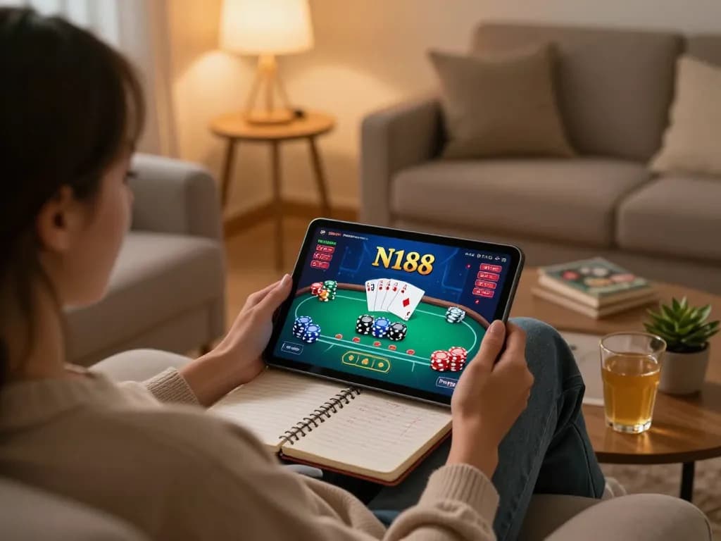 Player engaging in online poker at N188 using tablet for immersive gambling experience.