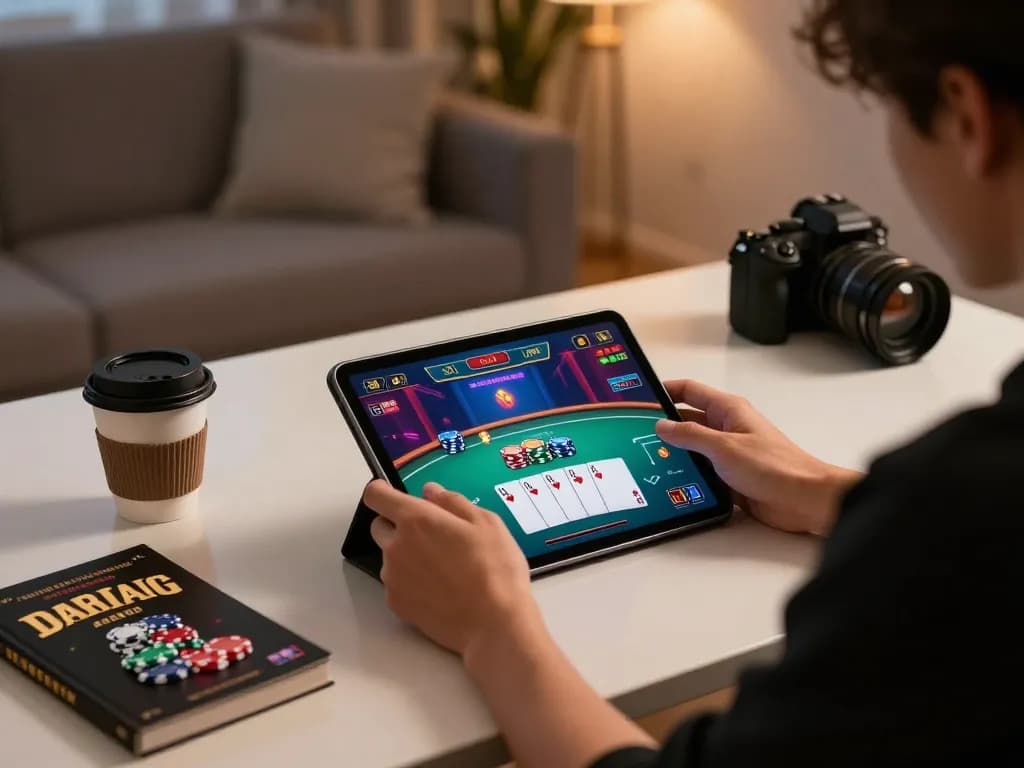 Create a Caricature of a player enjoying an online poker game, highlighting excitement and engagement in casino gameplay.