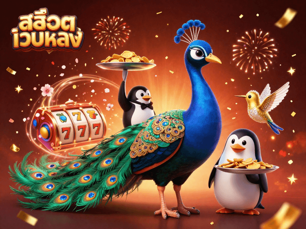 Spin the reels at สล็อตเว็บตรง with vibrant characters and festive elements in a rich casino scene.