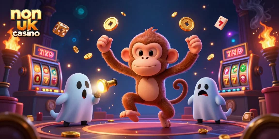 Engaging illustration of non uk casino scene featuring a poltergeist monkey juggling golden items in a haunted casino