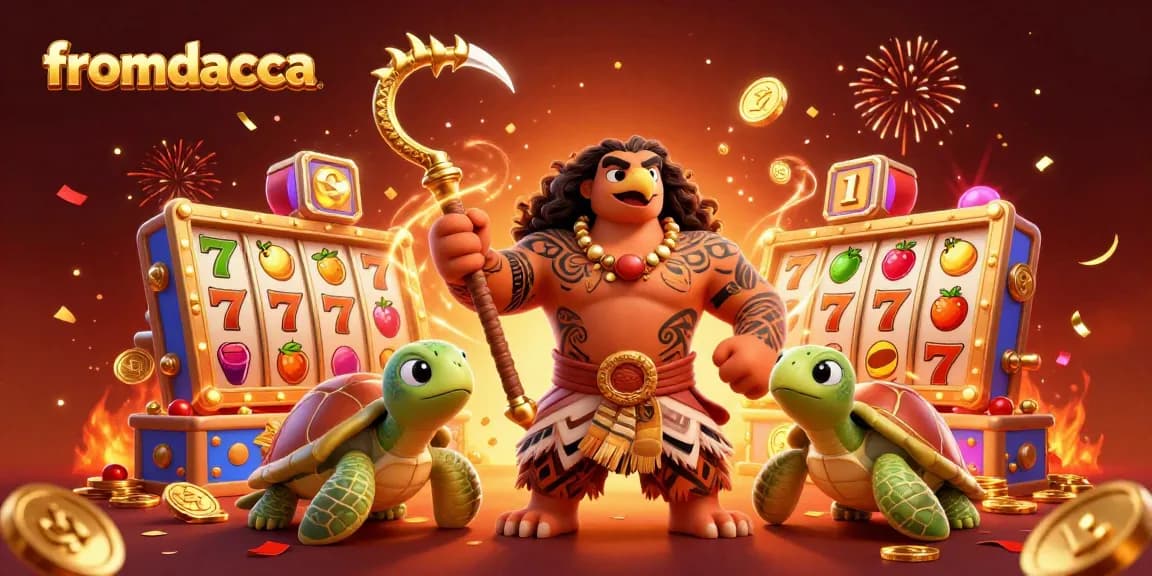fromdacca showcases a vibrant 3D casino scene with Polynesian characters, slot reels, and jackpot elements.